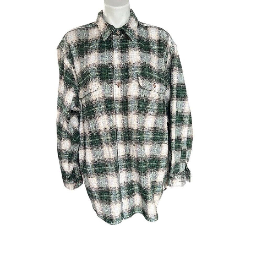 Field & Stream Mens Heavy Flannel Shirt 3X Green Plaid Long Sleeve Button Down